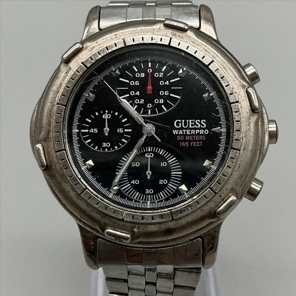 Vtg Guess Waterpro Mens Watch 40mm Black Dial Stainless Chrono New Battery 6.75